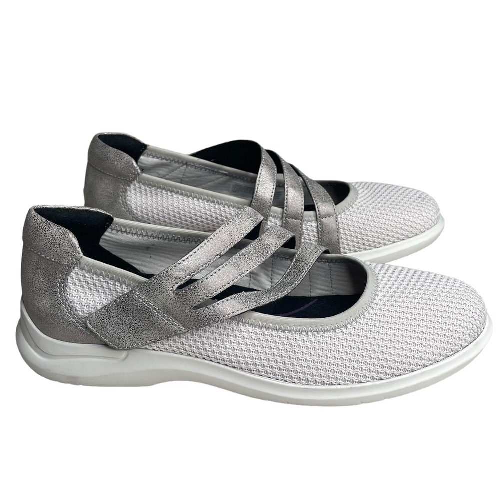 Aravon Womens 8B White Silver Knit Mary Jane Comfort Walking Shoes Hook Loop